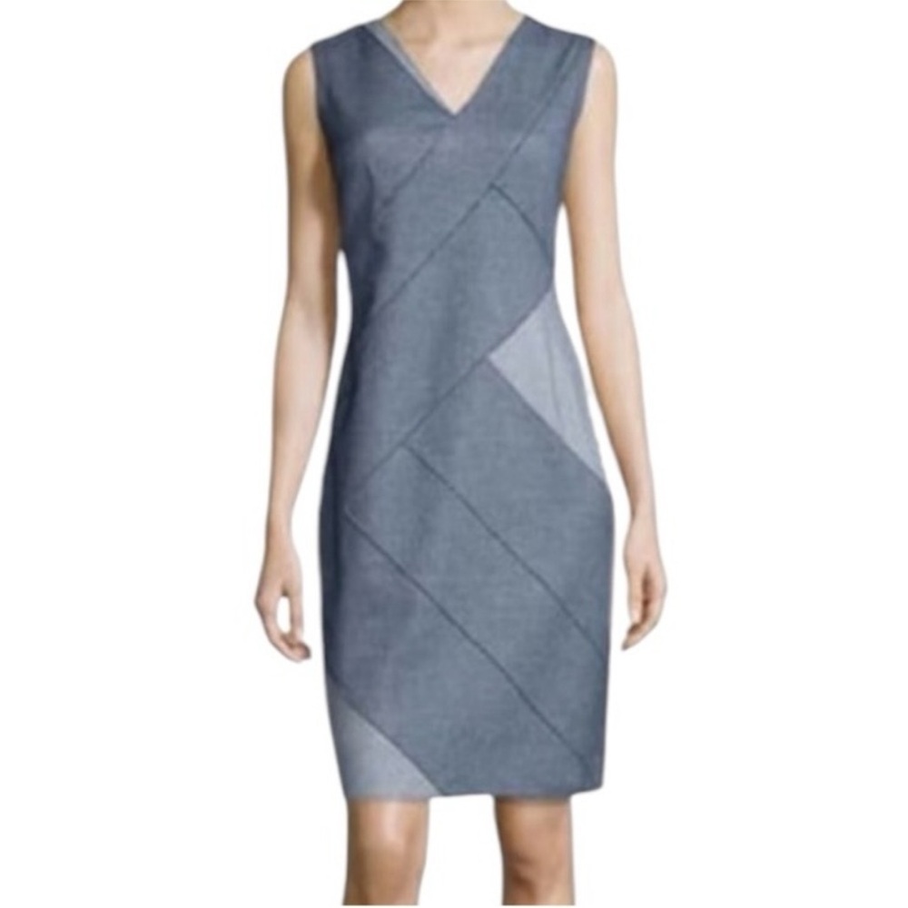 Elite Tahari Indigo Judith Patchwork Raw Hem Sheath Dress